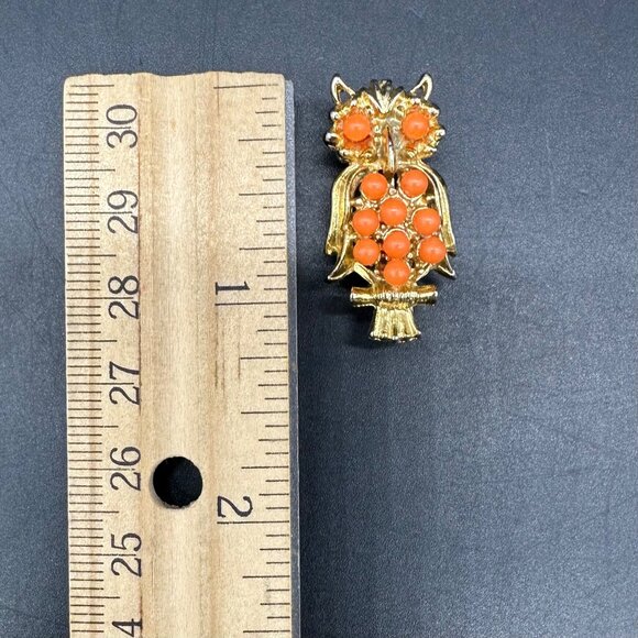 Vintage Owl Brooch Pin Orange Beads Gold Tone Whimsical Retro Jewelry Kitschy - Picture 7 of 7